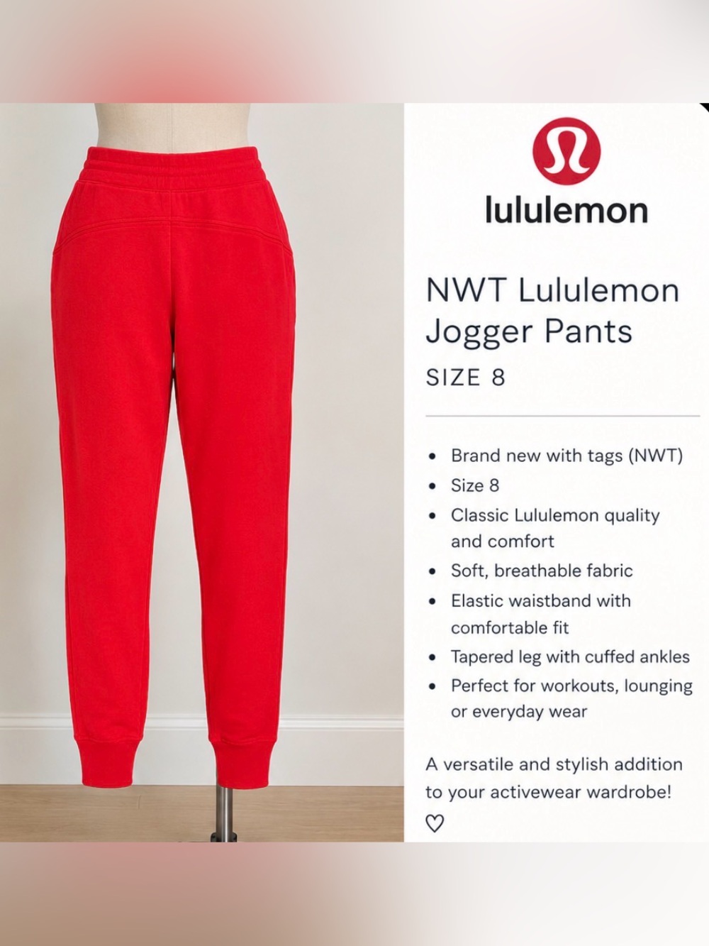Lululemon athletica Red Jogger size 8 / medium Sweatpants NWT athleisure
